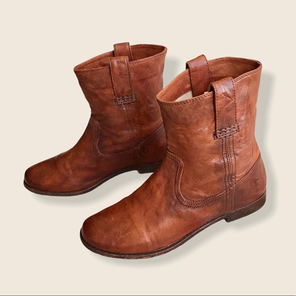 Frye Anna Short Cognac Leather Pull On Cute Boots - Picture 7 of 14